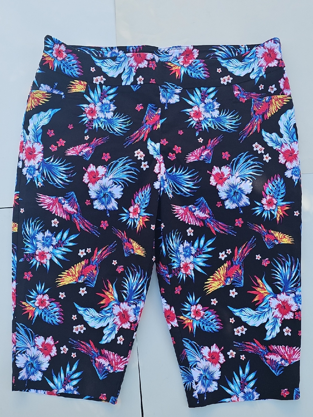 Terra & Sky Black Ankle Crop Pants with Multicolor Tropical Print 2x NWOT